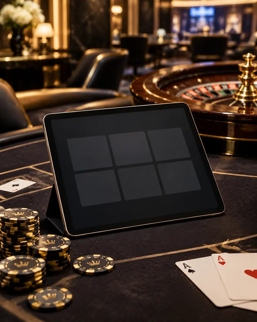 Tablet di samping kartu dan keping casino untuk ilustrasi akses