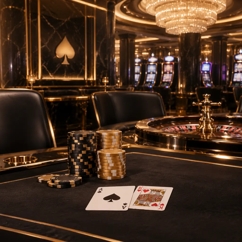 Interior casino dengan kursi meja dan peralatan permainan dalam warna hitam sampanye
