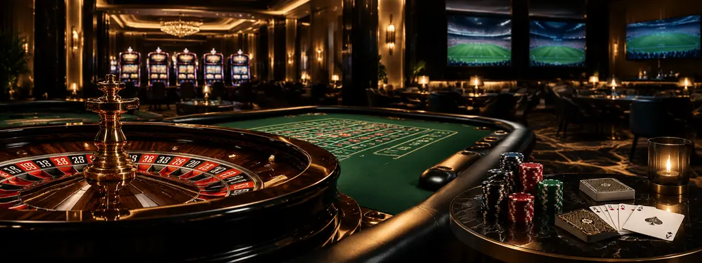 Ruang casino bernuansa hitam dan sampanye dengan meja rolet, kartu, dan mesin permainan di latar