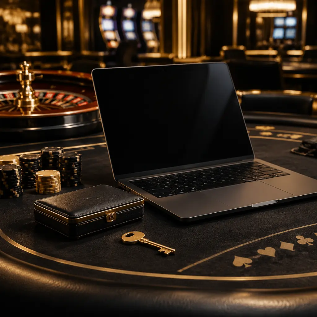 Kunci logam dan perangkat di dekat keping casino