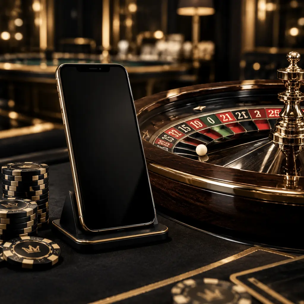 Ponsel dengan layar polos di samping meja rolet casino