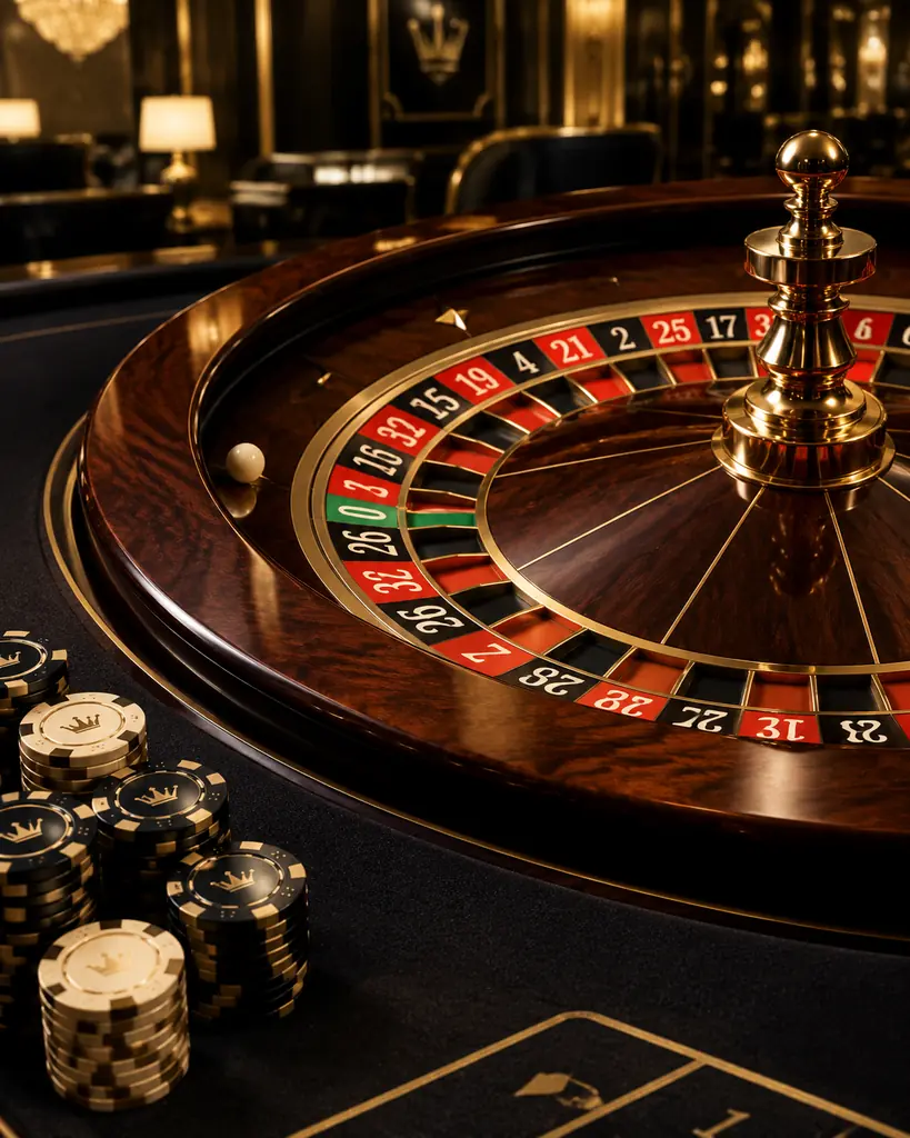 Roda rolet dan keping di atas meja casino
