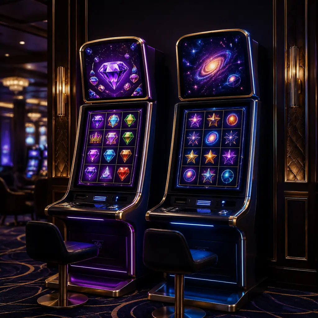 Dua kabinet slot bertema permata dan galaksi di sudut kasino