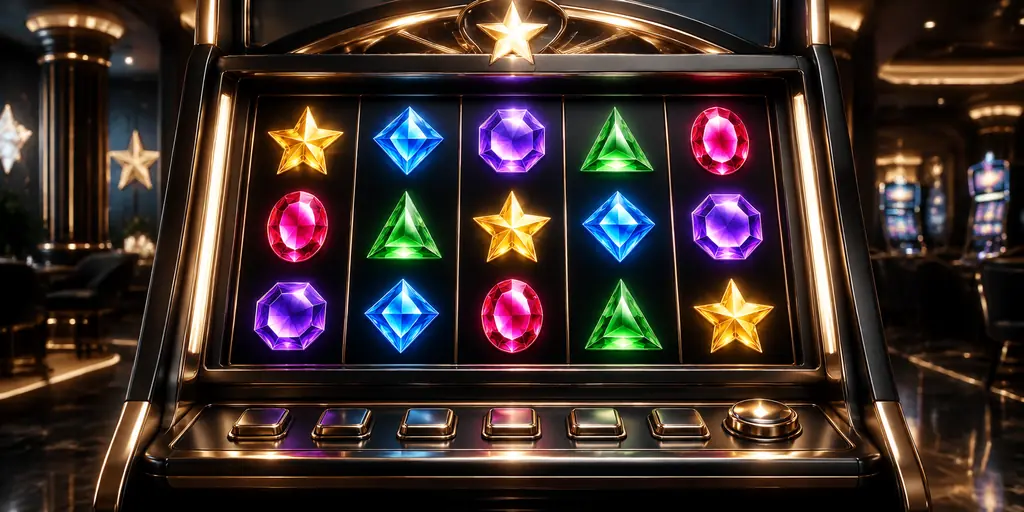 Mesin slot bertema permata dengan bintang berkilau di ruang kasino gelap